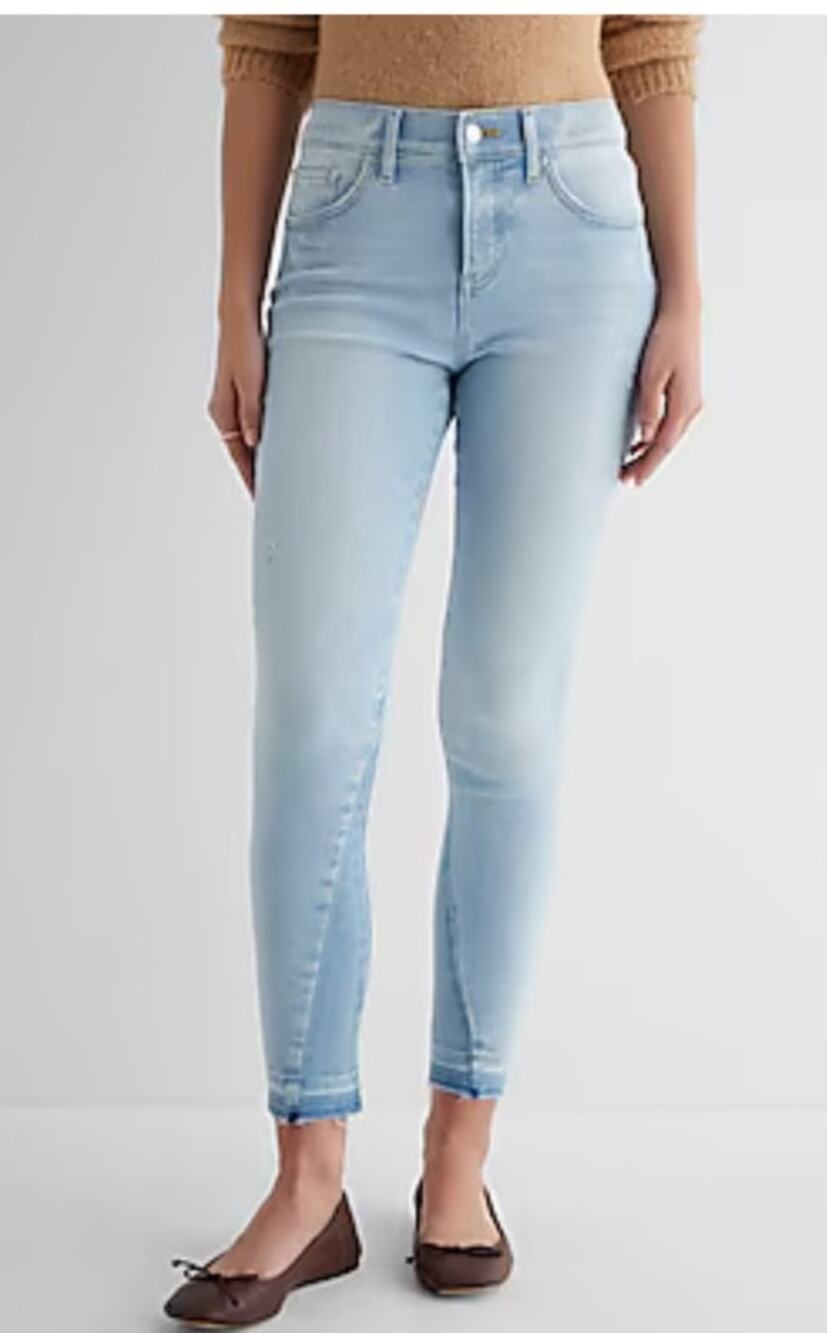 EXPRESS Jeans Mid Rise Skinny Light Wash Raw Drop Hem Step sz 10R 30 NEW
